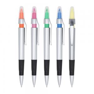 Caneta Plástica Marca Texto Caneta plástica com marca texto, contém detalhe emborrachado e tampa protetora para o marca texto. Carga esferográfica azul e acionamento por clique.  Gravação colorido UV   