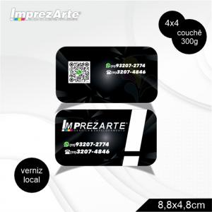 Cartão de visita - Verniz Localizado + 4 cantos arredondados Couchê 300g Laminação Fosca e Verniz Localizado F/V Tam. Final: 8,8x4,8cm 4x4 Laminação Fosca e Verniz Localizado F/V 4 cantos arredondados 