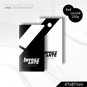 Tags Couchê 250g 85x44mm 4x4 Frente e verso colorido Verniz Total Frente  
